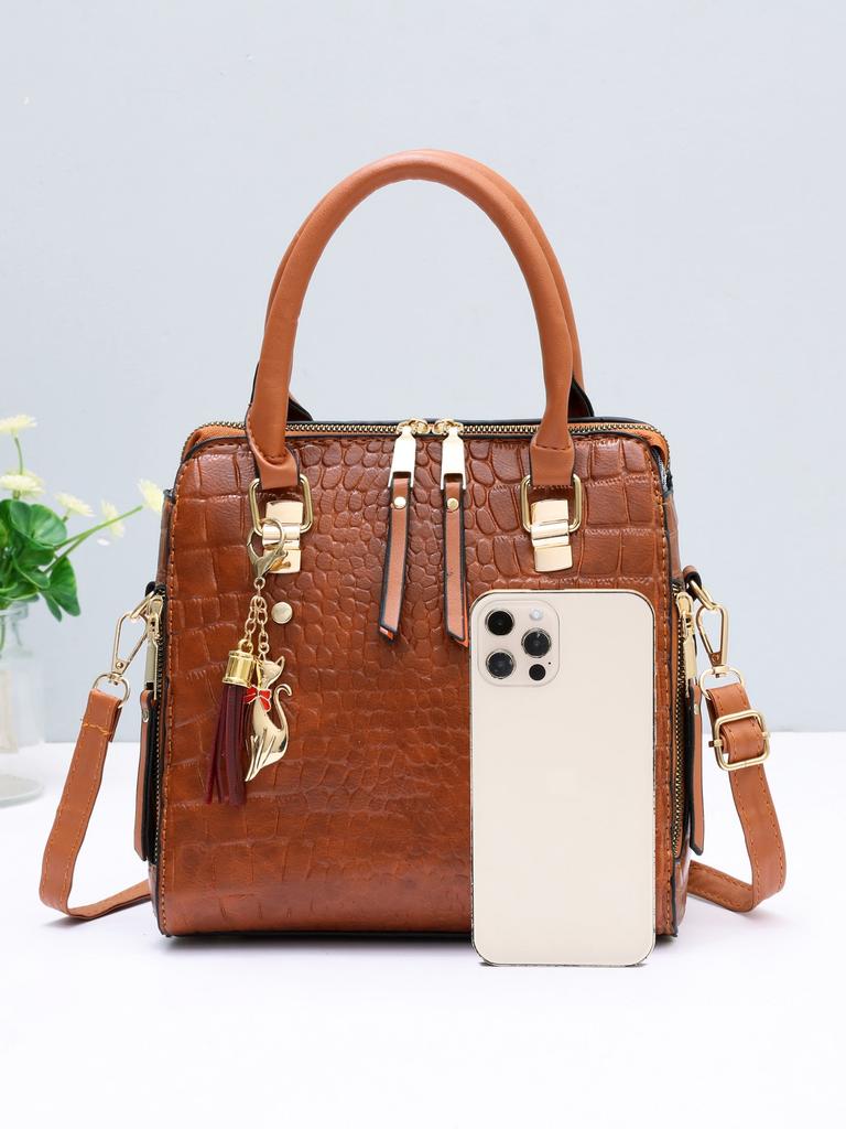 Crocodile Pattern Top Handle Crossbody Bag, PU Leather Satchel Bag Purse, Classic Versatile Fashion Shoulder Bag
