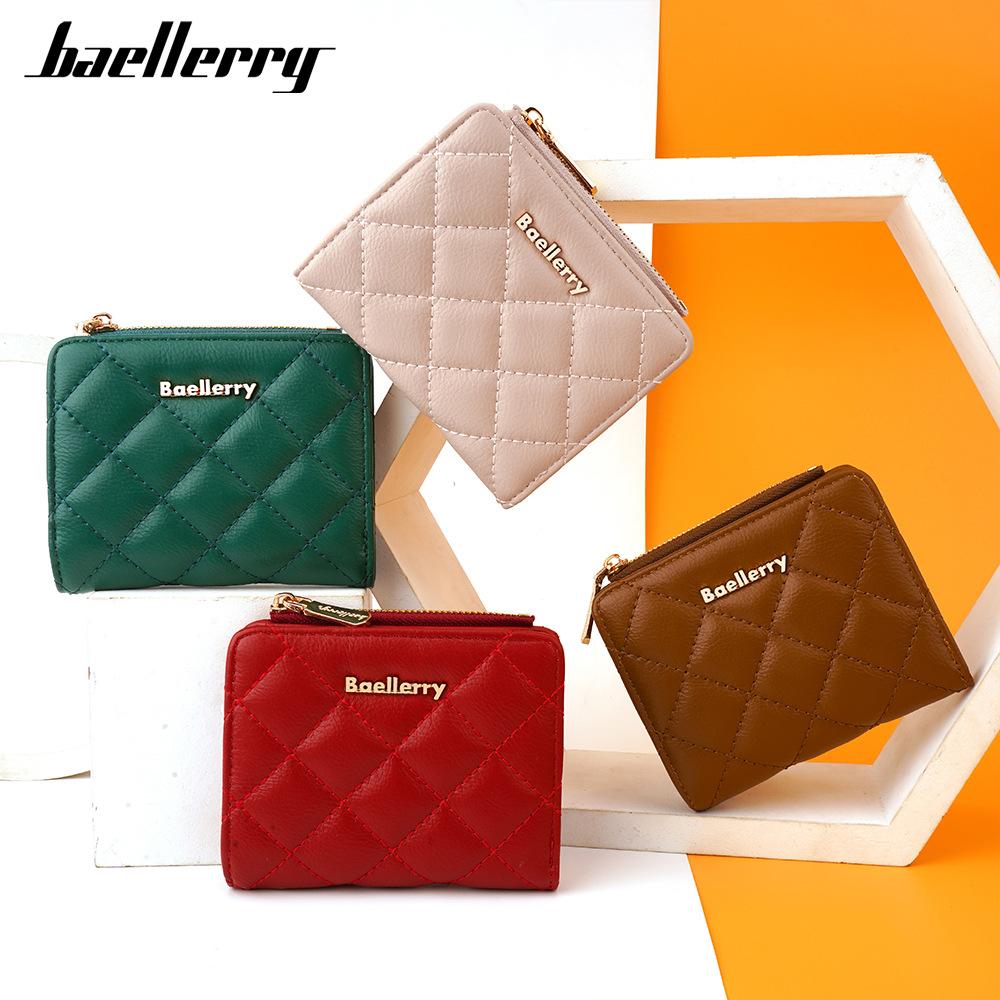 Baellerry Women's Short Pure Diamond Pattern Wallet Zipper Coin Purse Multi-card Slots Billfold Fashion Pu Leather Card Holder