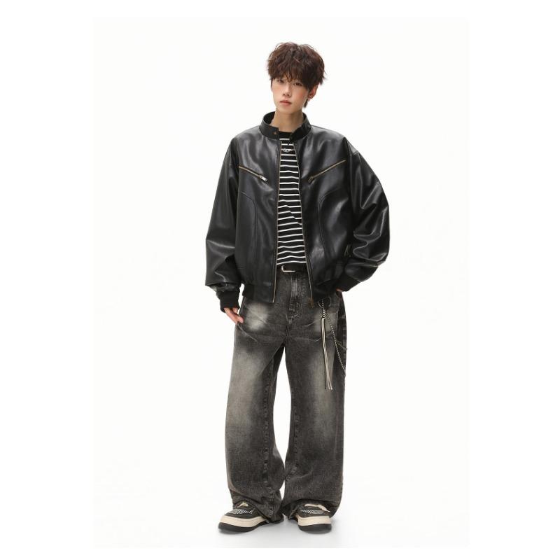 Men Vintage Loose Stand Collar Windproof Motorcycle Jacket Autumn