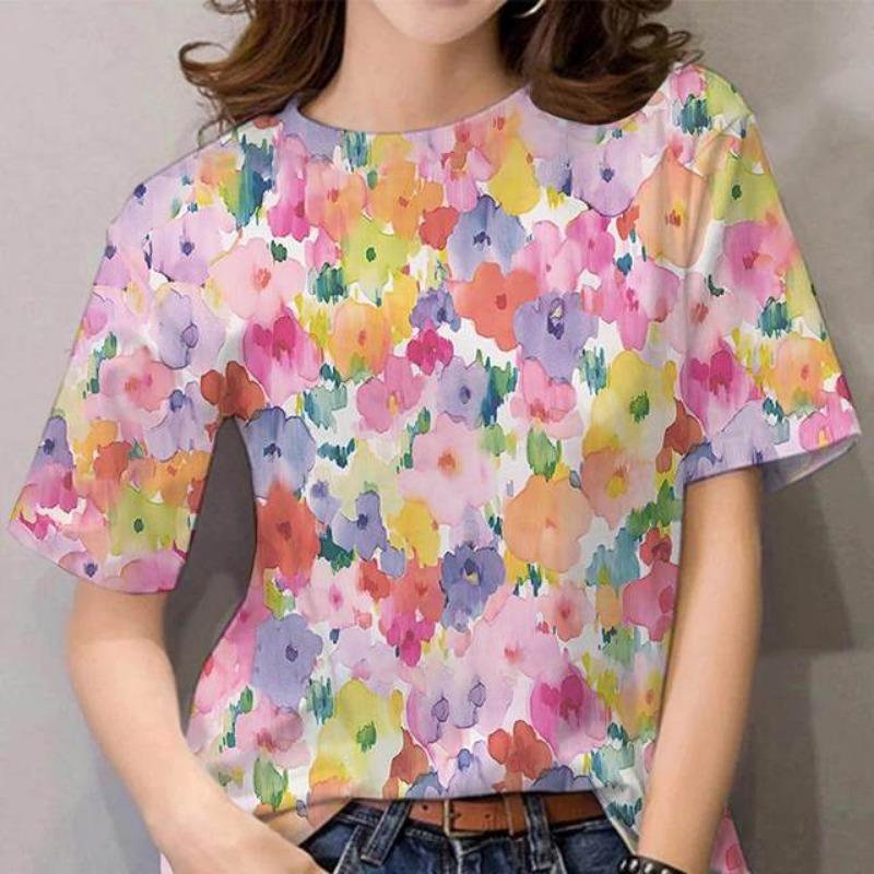 Women's T-shirt for Girls Summer Short Sleeve Fashion Sexy Girls Clothes Y2k Print Tees Wowen's Floral Graphic Oversized T-shirt