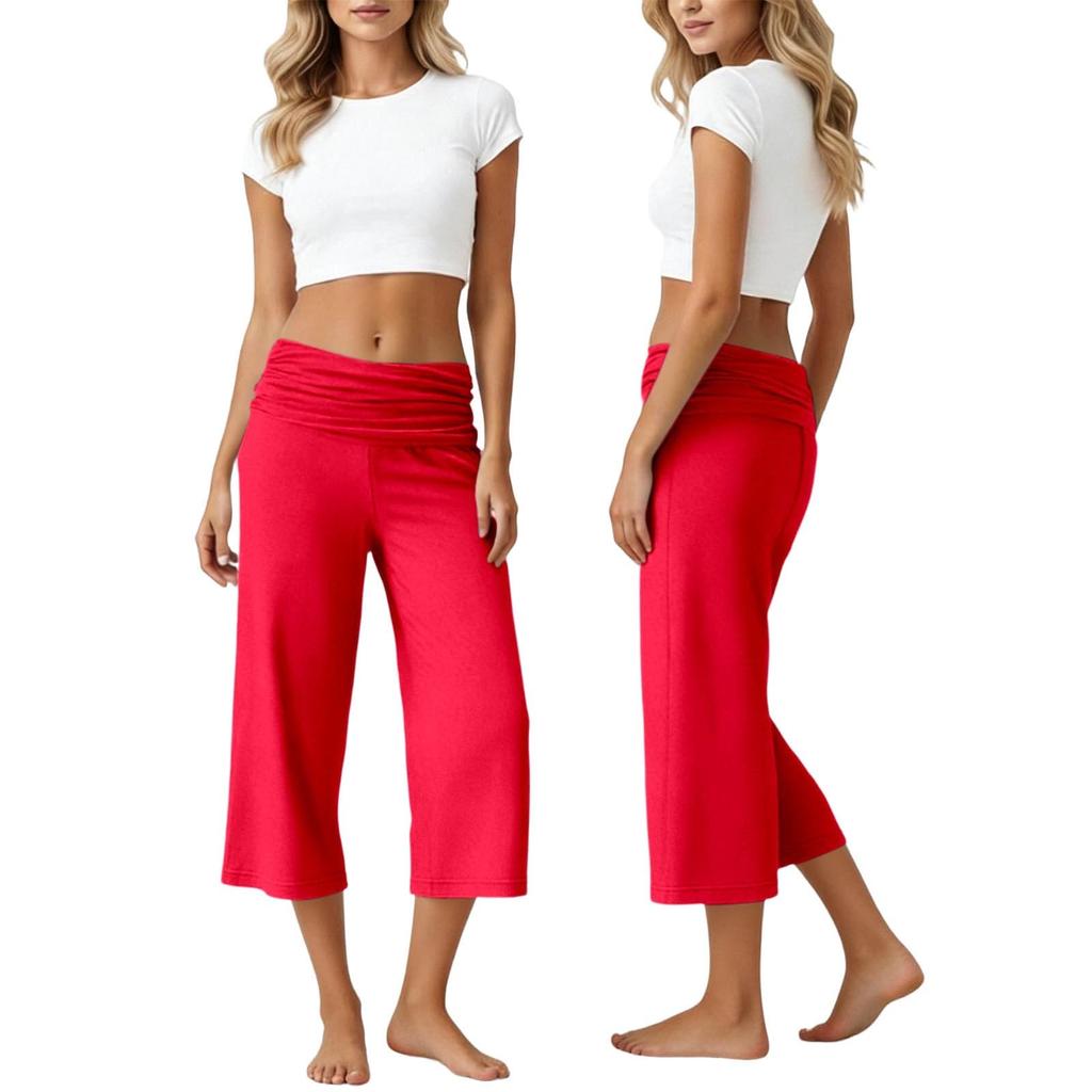 Womens Fold Over Cropped Pants Flared Bottom Fold Over Sweatpants Low Yoga Strechy Casual Wide Leg Sweatpant