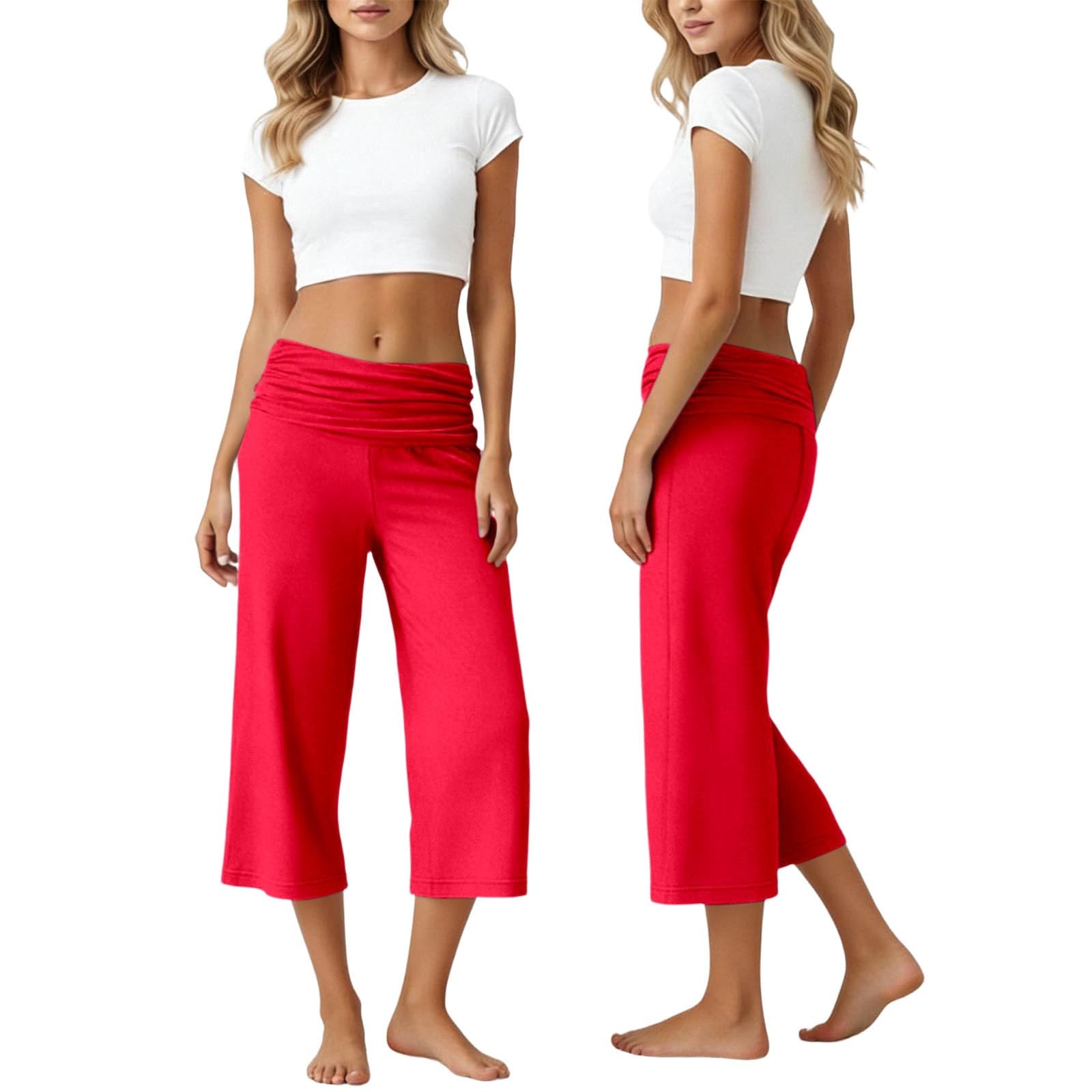 

Women s Pleated Yoga Pants Loose Fit Wide Leg Cropped Trousers Casual Comfortable Stretch Fabric Soft Waistband M червоний