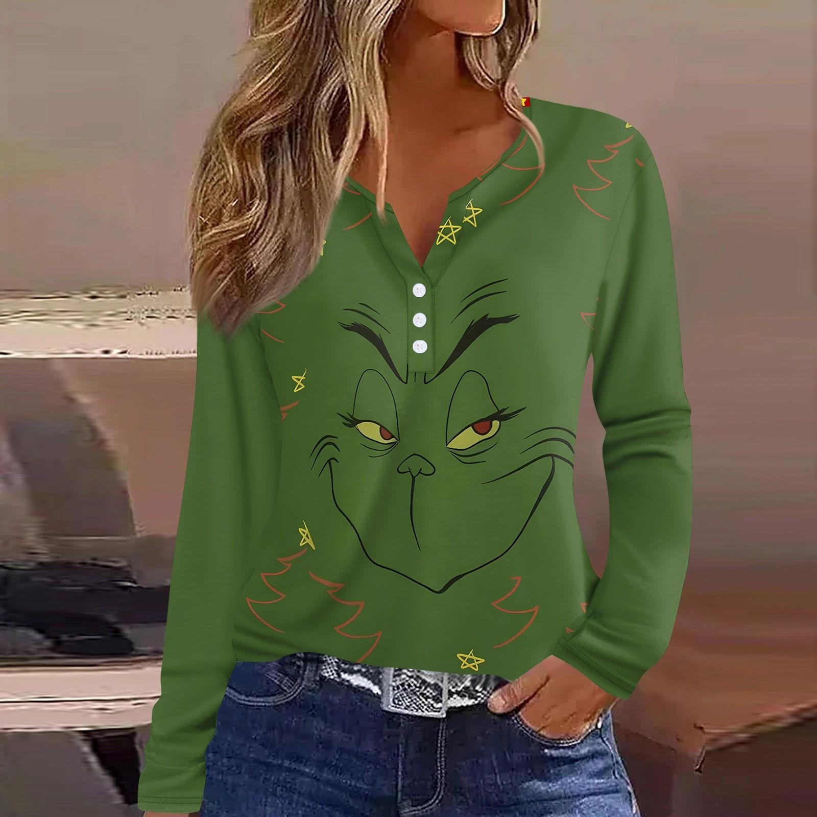 

Женская футболка с рождественским принтом на пуговицах с длинным рукавом, повседневная, выходного дня, модная, базовая, с V-образным вырезом, обычная