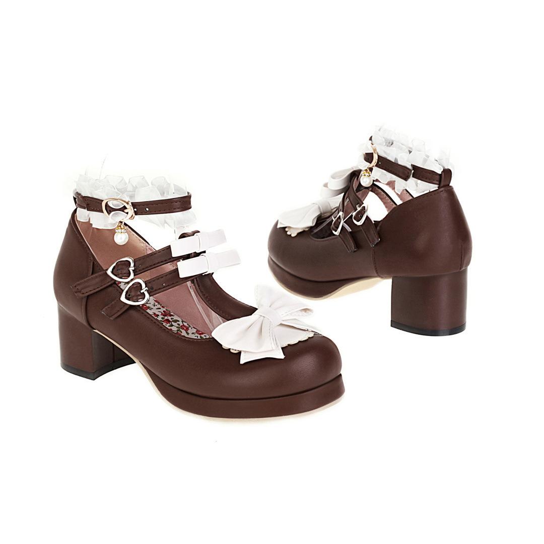

New medium heel thick heel sweet bow with light mouth single shoes T-shaped shoes parent-child shoes 39 коричневый