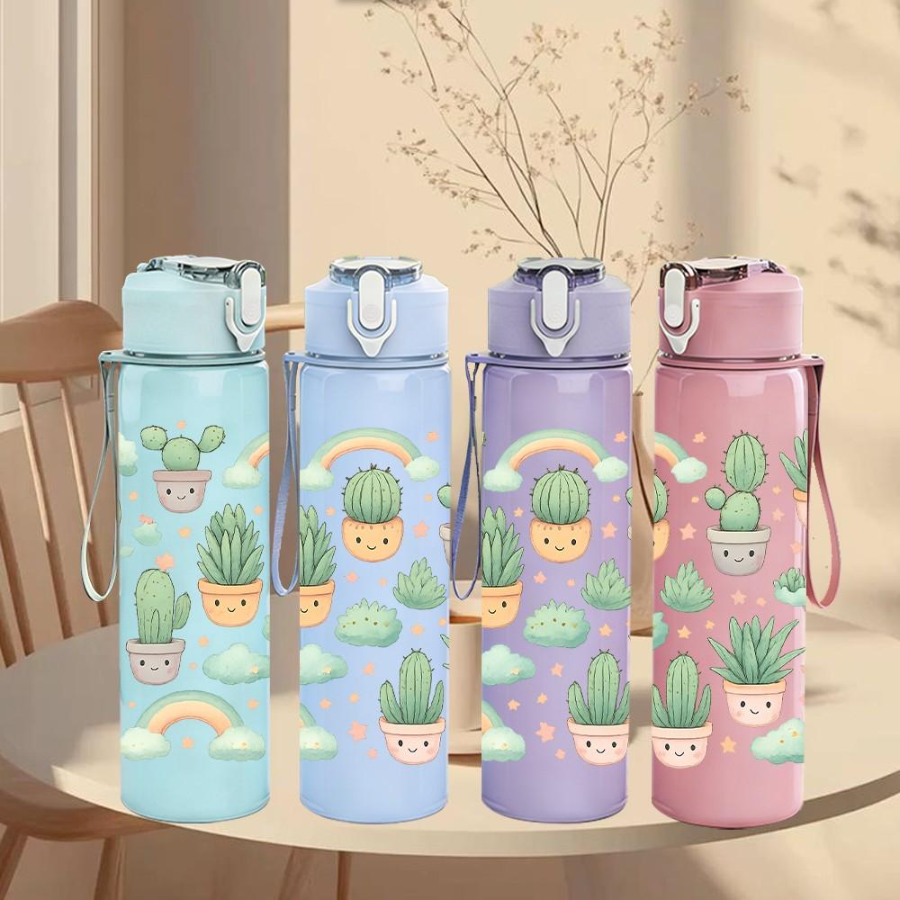 1PC Cactus Rainbow Repeat Pattern 750ml Color Plastic Sports Water Bottle Leakproof Flip Straw Lid Suitable for Sports Office Home Use