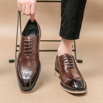 Fashion New Brown Brogue Shoes for Men Lace-up Solid Square Toe Business Black Men Dress Shoes Size 38-44  Mens Shoes