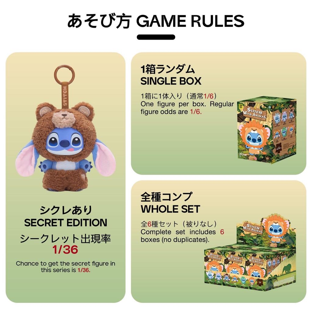 TOP TOY Disney Stitch [Wildlife] Series Plush Soft Vinyl [1 Piece] Gachapon Blind Box Figure Plastic Model Premium Toy Birthday Gift Stitch Character