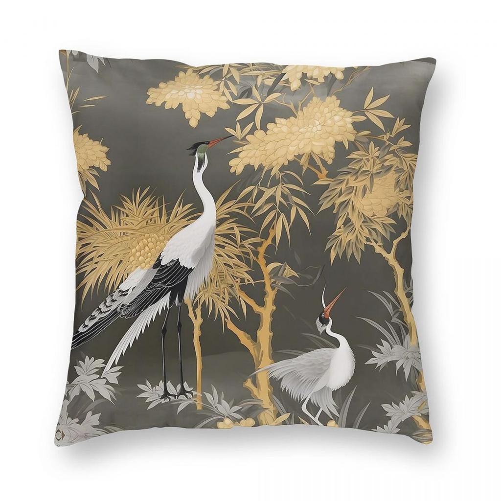 Federa Quadrata Cuscino Decorativo Chinoiserie Gru Dorate Floreale Poliestere Lino Velluto Stampato Copriletto x