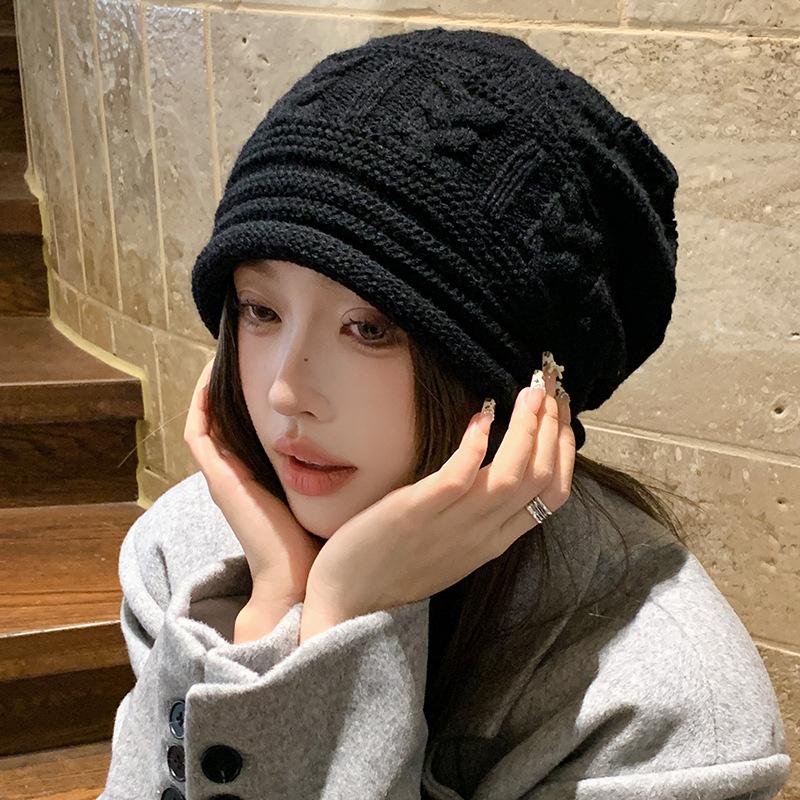 Curled Baotou Knitted Hat Women's Autumn and Winter Large Head Circumference Warmth Ear Protection Pile Hat Face Revealing Small Woolen Hat