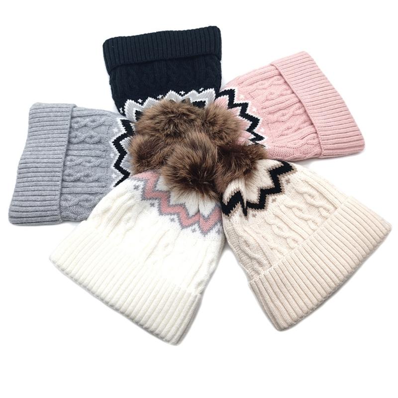 Warm Acrylic Knitted Hat with Color Block and PomPoms for Winter Comfortable Wear Adult and Kids Elastic Pullover Hat