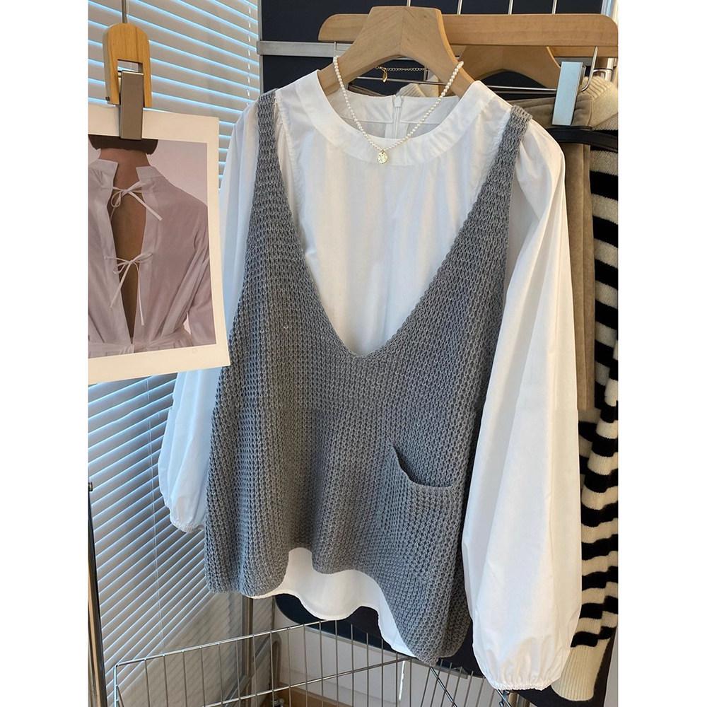 2026 Korean Style Plus Size Knit Vest & Lantern Sleeve Shirt Set 4XL