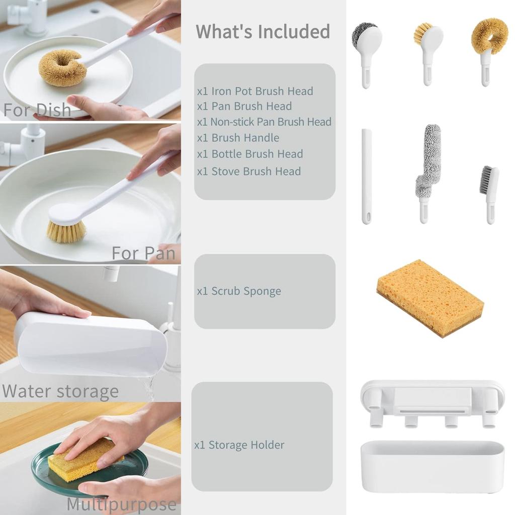 Kitchen Dish Brush Set Deep Cleaning Scrub Brushes Kit with Storage Holder Handle with Cleaning Brush Heads for Pots Pans Bottle