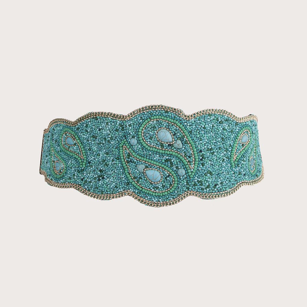 New Taiji Pattern Bead Elastic Buckle Waist Belt, Heavy Industry Bohemian Ethnic Style Women's Belt