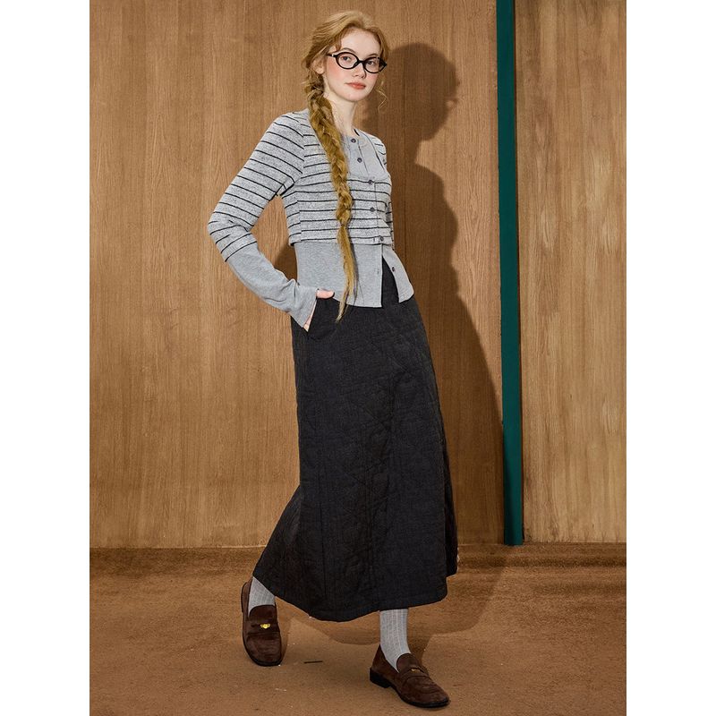 Coolhut Dark Gray High-Waisted Slimming Mid-Length Versatile Warm Half Skirt Winter New Long Skirt for Women