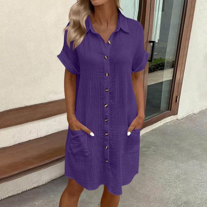 2026 Women's Mid-length Single-breasted Solid Color Short Sleeve Casual Dress
