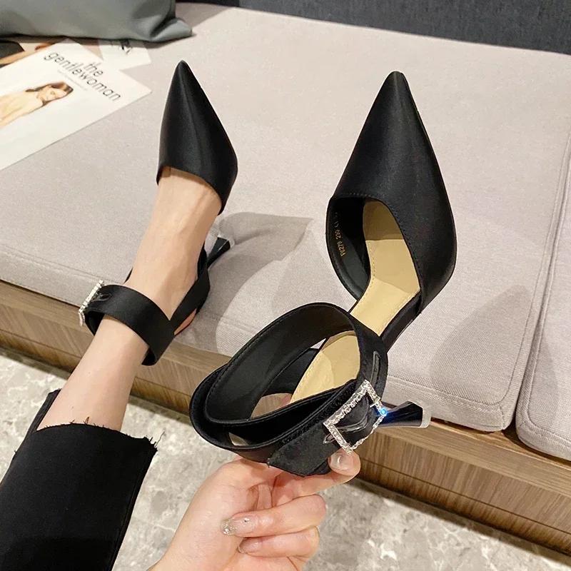 Fashion New Luxury Women's Sandals Sexy High Heels Temperamental Pointed Satin Baotou Square Buckle Rhinestone Party Shoes Summer