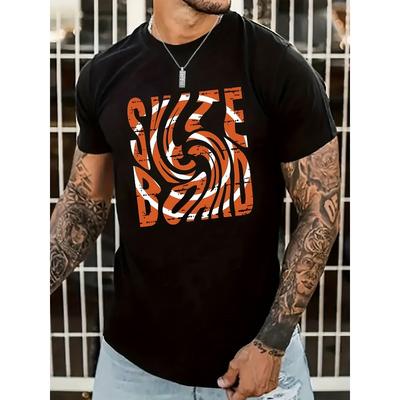European Sizes Vortical Letter Print T-shirt, Men's Casual Street Style Stretch Round Neck Tee Shirt For Summer