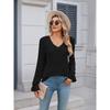 Women's Ribbed Knit V Neck Long Sleeve Sweater Casual Lace Trim Pullover Blouse Top