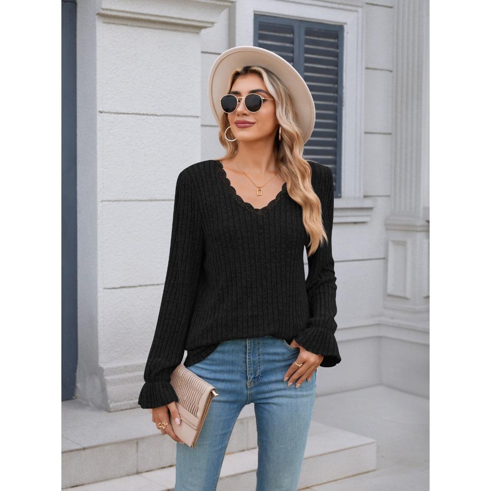 Women's Ribbed Knit V Neck Long Sleeve Sweater Casual Lace Trim Pullover Blouse Top
