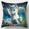 Magical Winged Unicorn Pillow Covers Cute Cartoon Floral Unicorn Art Throw Pillow Cases, Kids' Fantasy Home Decor Cushion Covers
