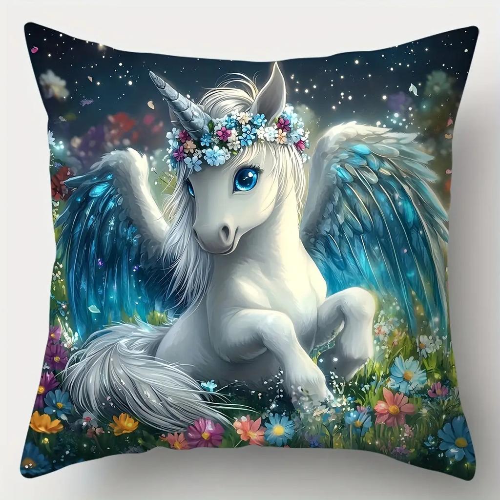 Magical Winged Unicorn Pillow Covers Cute Cartoon Floral Unicorn Art Throw Pillow Cases, Kids' Fantasy Home Decor Cushion Covers