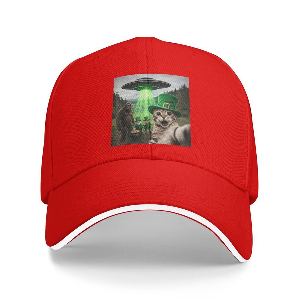 Summer Casual Baseball Cap Funny St Patricks Day Cat Selfie with Leprechaun Bigfoot UFO Unisex Hot Sale  Vintage Baseball Caps