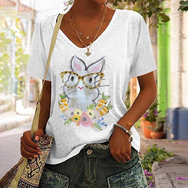 Summer V-neck 3D Rabbit Printed Top Fashionable Casual Short Sleeved Women's T-shirts
