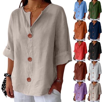 Women's Fashion Casual V-Neck Buttoned Seven Sleeve Cotton Linen Top