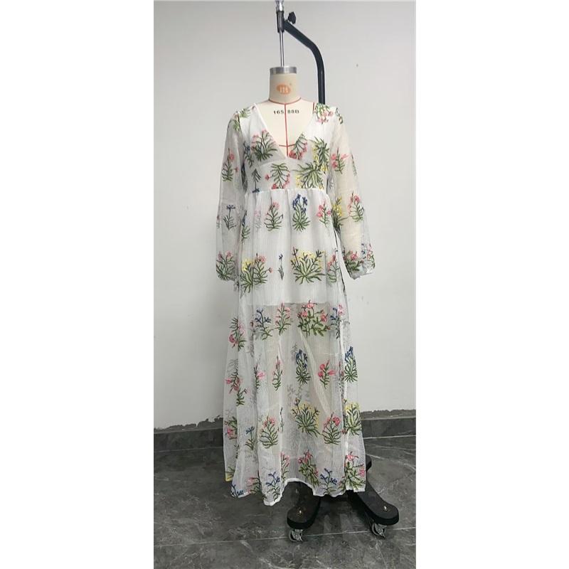 Bohemian Vintage Floral Pattern Colorful Embroidered Sexy Loose Maxi Dress For Women Summer Fashion Casual Beachwear