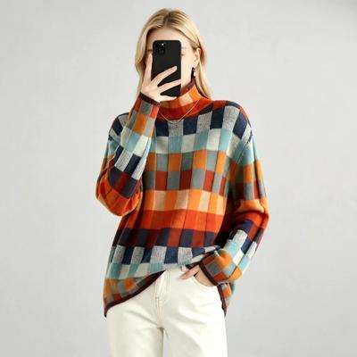 Women S High Neck Checkered Knit Sweater Loose Fit Autumn Winter