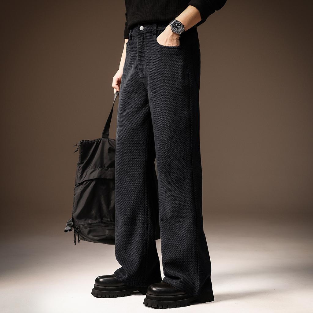 High-end European Cotton Lint Versatile Casual Pants for Men's Autumn and Winter New Loose Straight Wide-leg Thin Drape Overalls for Men