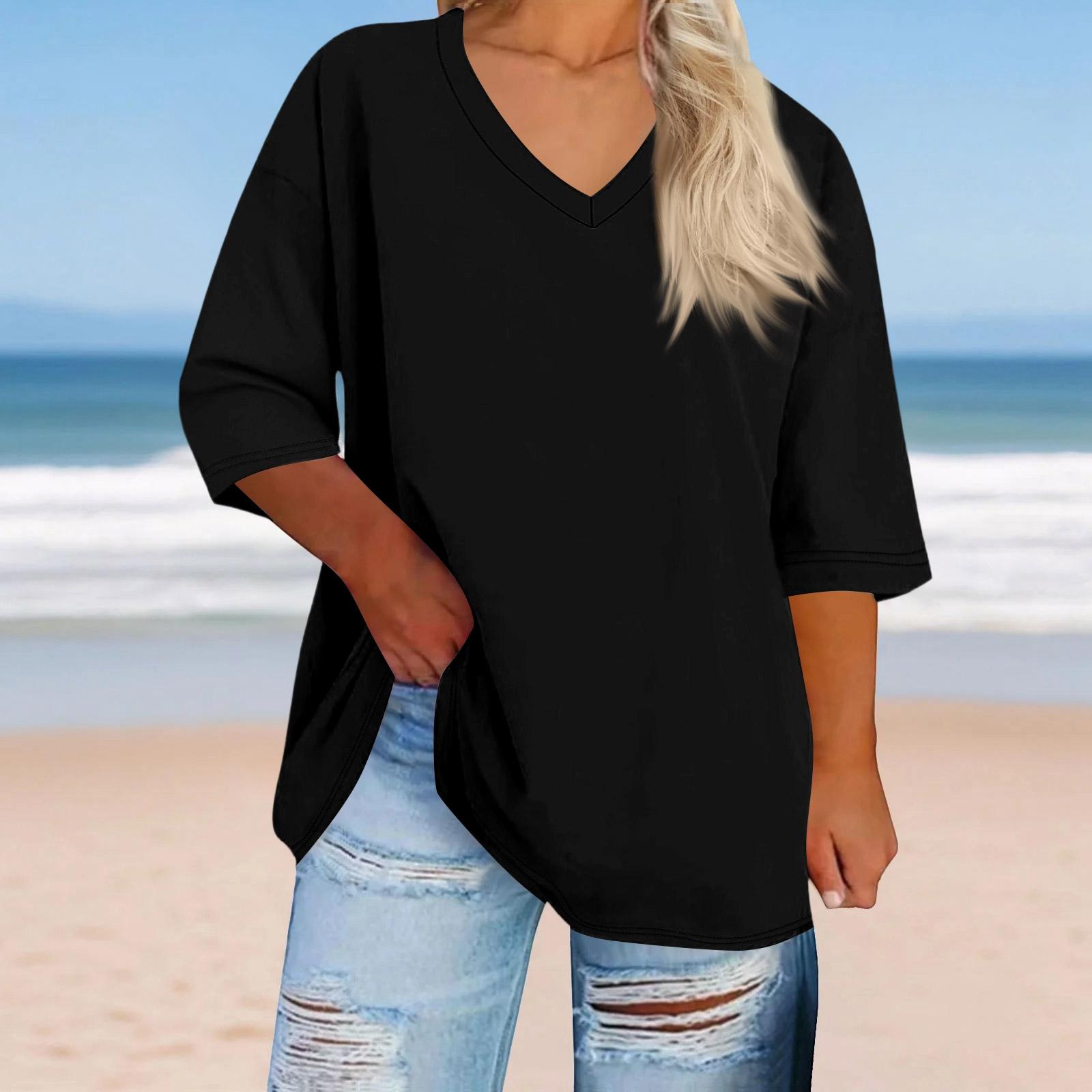 

Women s Plus Size Fashionable Casual Loose-Fit V-Neck 3/4-Sleeve Top L чёрный
