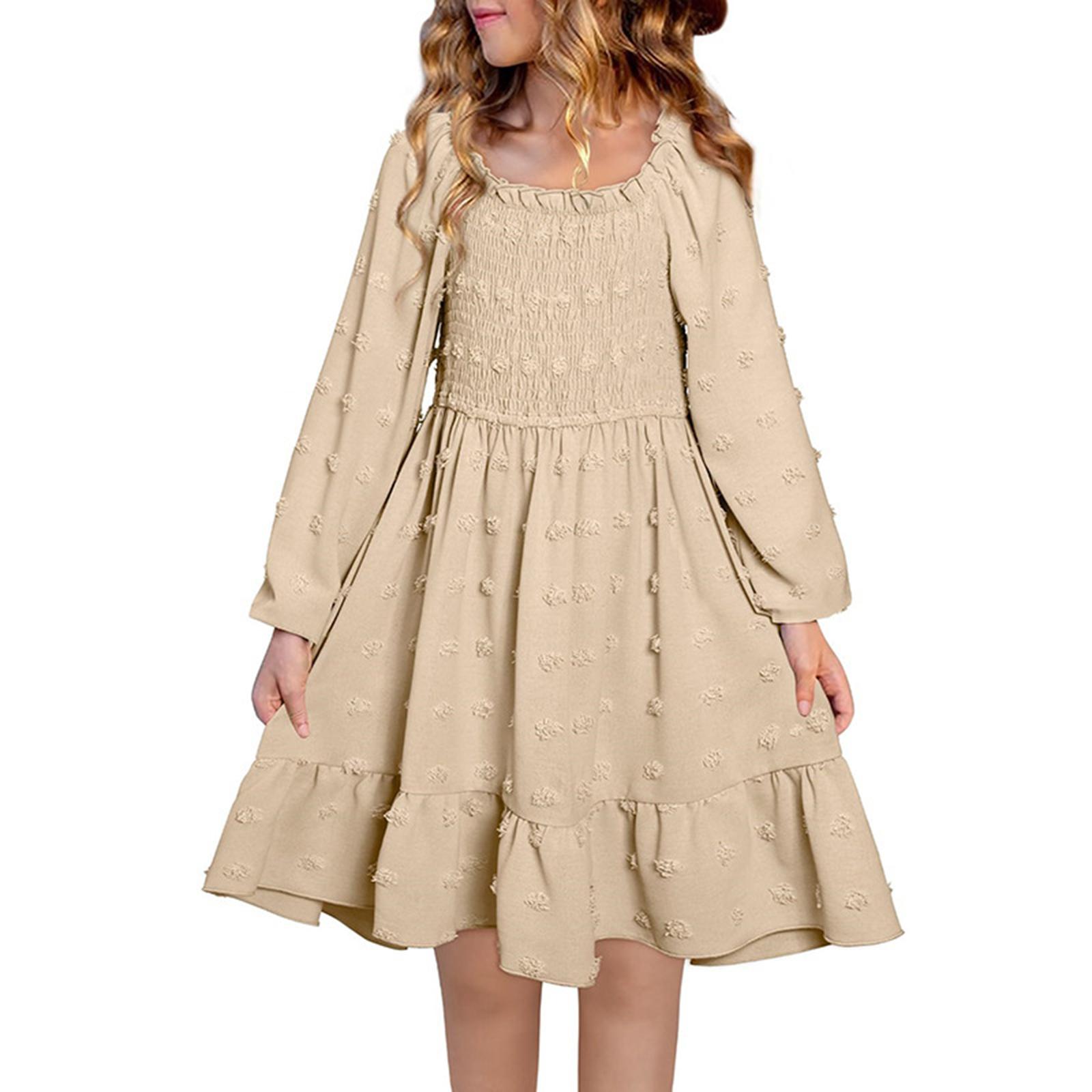 

Girls Fashionable And Cute Solid Color Long-Sleeved Square Neckline Pleated Dress 100 хакі