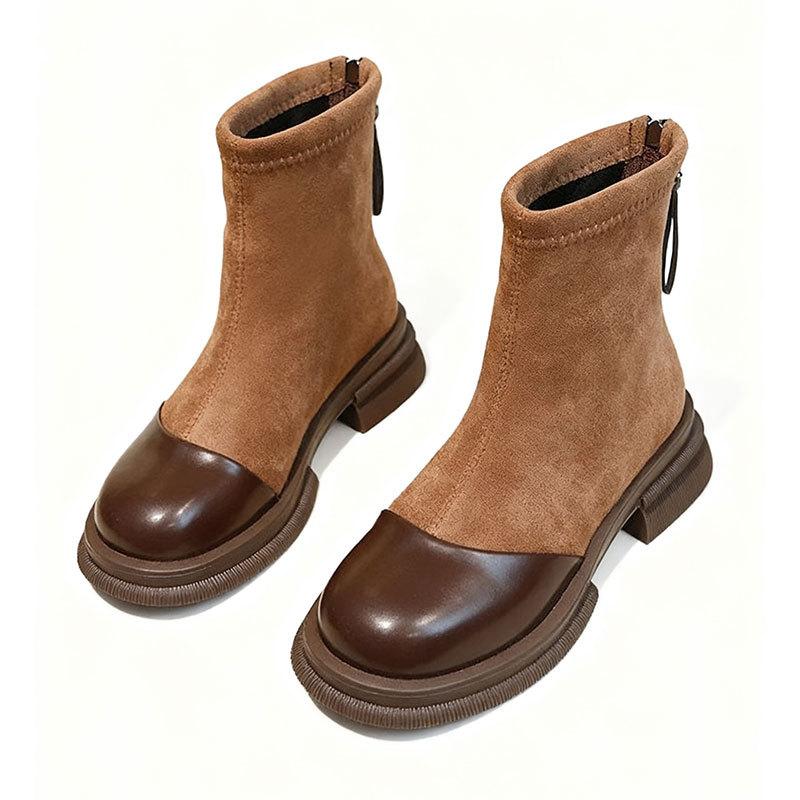 Retro Style Martin Boots for Women Show Long Legs, Zipper, Thin Boots, Velvet Cotton Boots, Brown Thick-soled Small Short Boots.