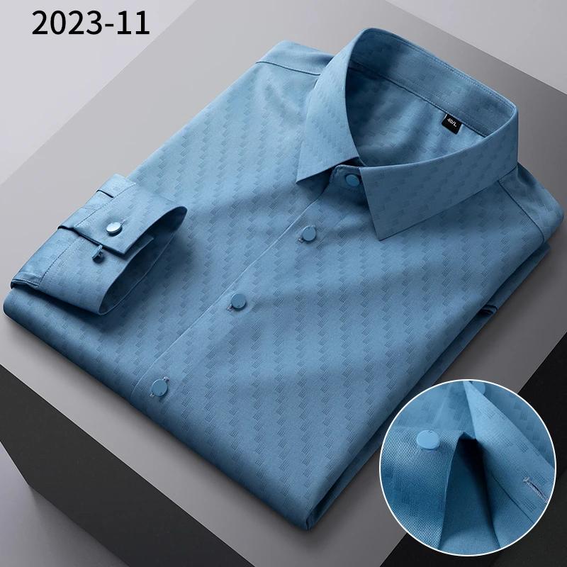 Bamboo fiber elastic plaid casual long sleeve shirts for men slim fit formal shirt soft easy-care fashion korean office clothes