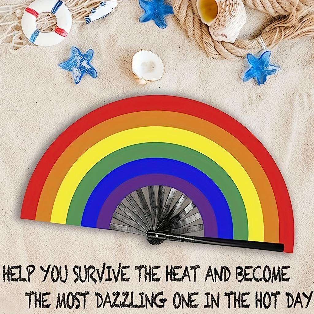 1 Rainbow Handheld Fan Plastic Dance Folding Fan Dance Performance Folding Fan Cosplay Wedding Party Props Decorative Fan