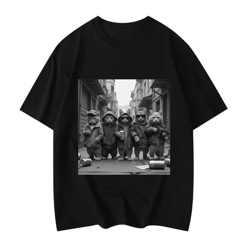 

2025 Autumn and Winter American Men s and Women s Fun Cat Print T-shirt Pure Cotton Round Neck Comfortable High-quality T-shirt S