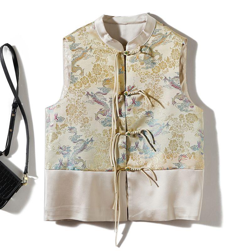 

Look at the Details of Digital Dragon-Printed! Exquisite Life Women s Small Stand Collar Acetate Tencel Single Row Buckle Vest Spring and Autumn Coat Beige White L