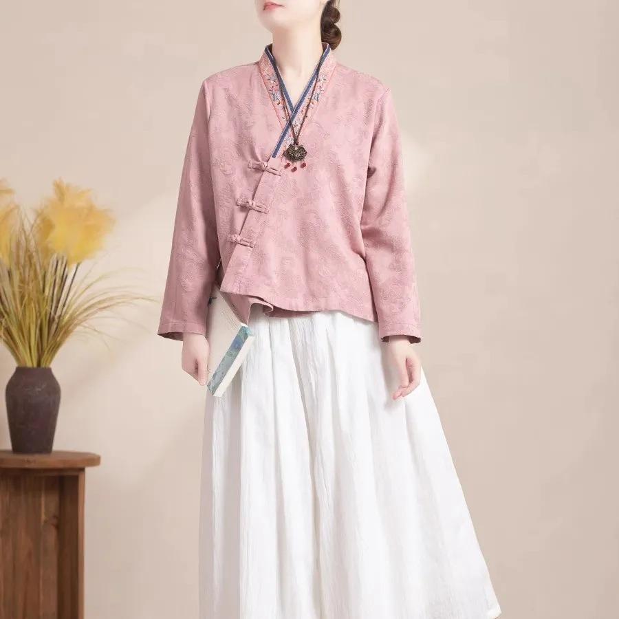 Placket embroidered disc-buckled cotton and linen long-sleeved cardigan women's casual loose spring and autumn top