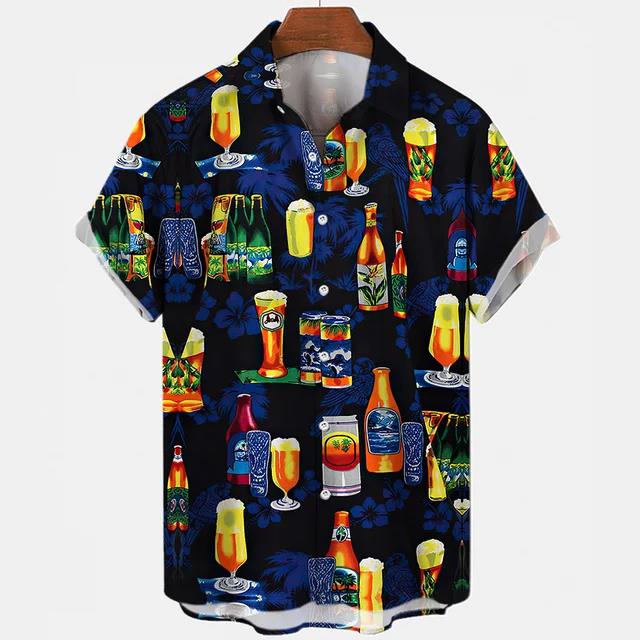 Camisetas Festival de Cerveza Harajuku para Hombre Estampado 3D Manga Corta Verano Estilo Hawaiano Playa Tops de Botón Único Solapa
