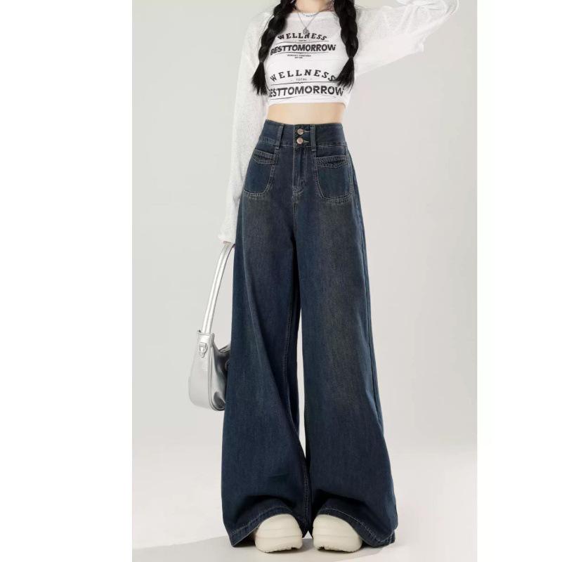 

Women s Retro High-Waisted Wide-Leg Jeans - Dark Blue, Plus Size, Curvy Flattering, Loose Drapey Fit, Spring/Autumn Style, Floor Length. 2XL