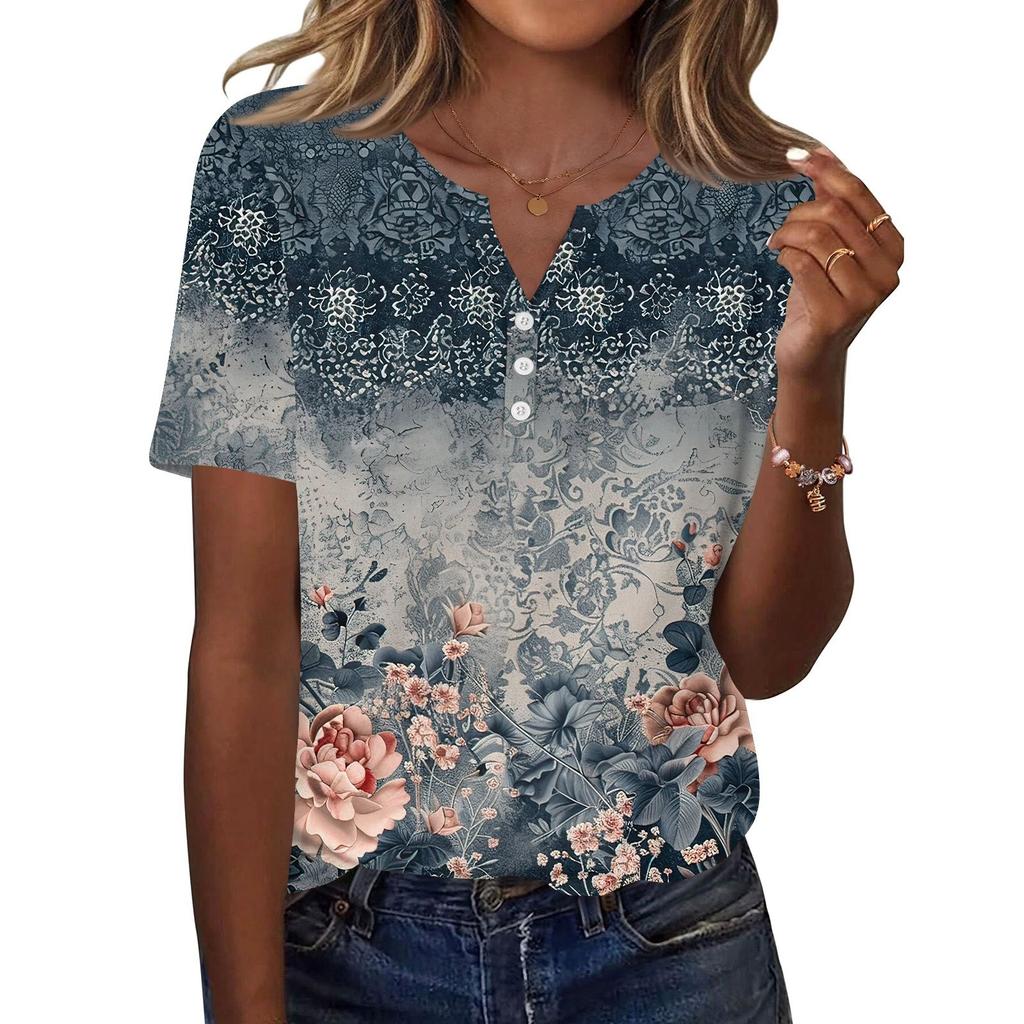 Women's T Shirt Print Button Short Sleeve Daily Weekend Fashion Basic V- Neck Regular Top