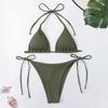 2Pcs/Set Ribbed Backless Pads Bikini Set Halter Triangle Bra Side Tie Thong Swimwear Beachwear