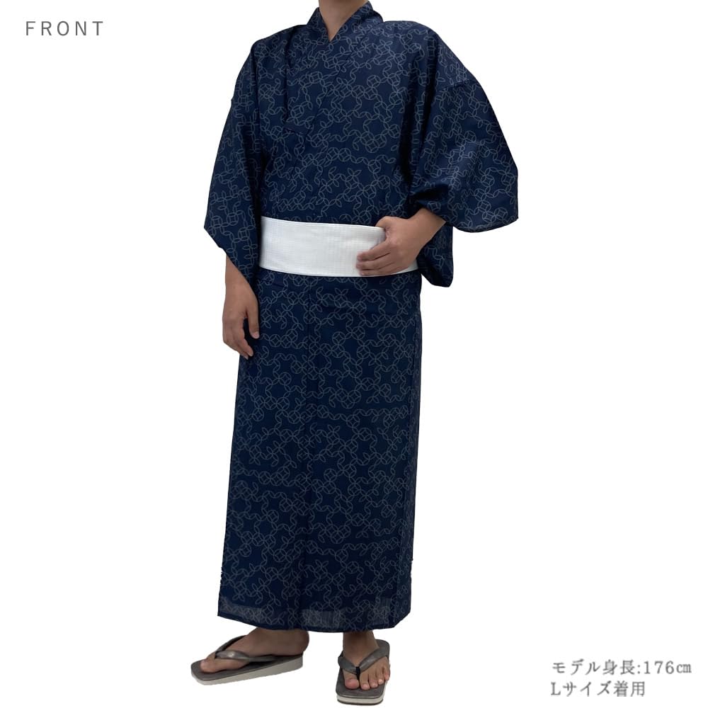 Kyoto Kimono Yuzen Men's Yukata Set (2 Pieces) - Cotton, Square Obi, Men's Kimono, Waterfall Shippo Pattern, Black (Black, M)