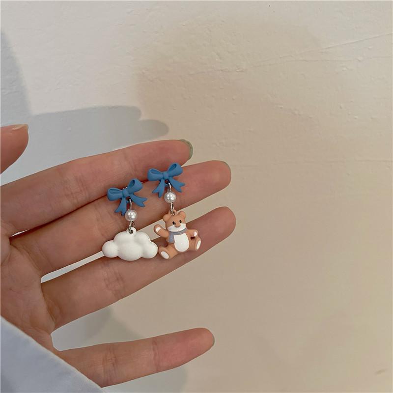

Blue bear + cloud asymmetric stud earrings~ cute cartoon earrings girl soft girl earrings earrings trendy earclips