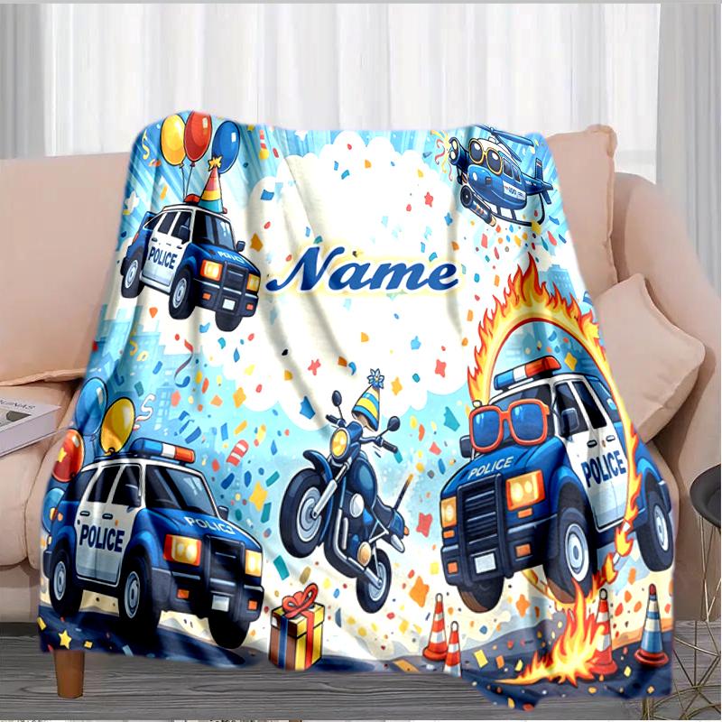 1PC Custom Name Police Party Celebration flannel blanket versatile,all-season throw suitable for the living room,bedroom,camping,travel,and gift