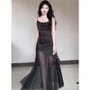 French Swinging Neck Mesh Splicing Dress Women's Summer High Sense Black Satin Suspender Temperament Slim Pleated Dress