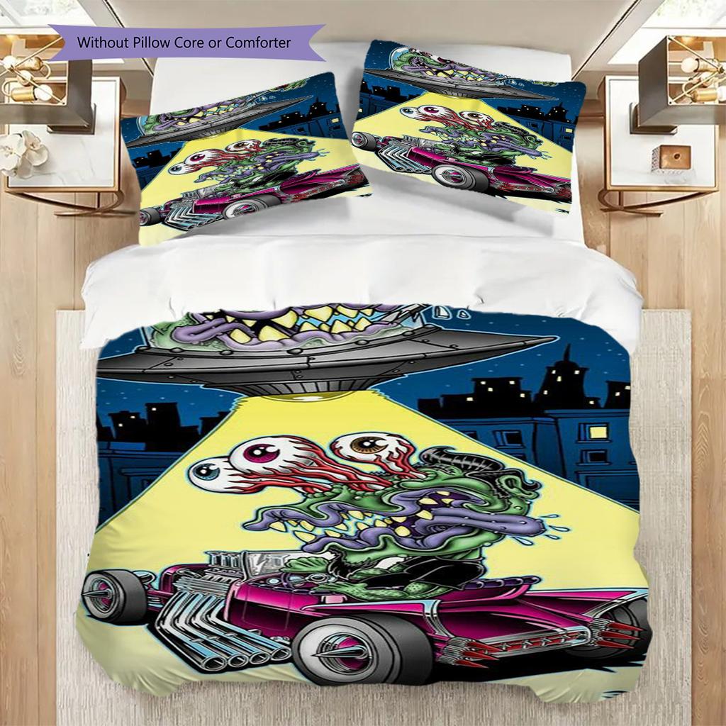 Alien Invasion Monster Car Chase Threepiece Set 1 Duvet Cover 2 Pillowcase Without Core Soft And Comfortable Duvet Cover And Pillowcase