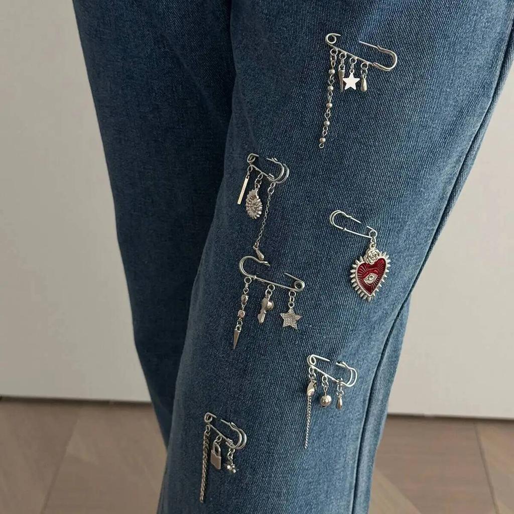 Ingemark 6Pcs/Set Vintage Punk Metal Tassel Brooch Women Men Creative Heart Star Conch Shape Pendant Suit Pants Pin Accessories