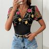 Women's New Summer V-neck Mesh Splicing Jacquard Jumpsuit